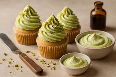 Cupcakes piped with pistachio buttercream frosting