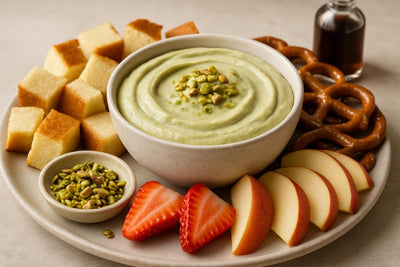 Bowl of pistachio cream dip with brioche, pretzels and fruit