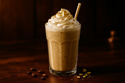 Pistachio Frappé in a glass on an oak bar