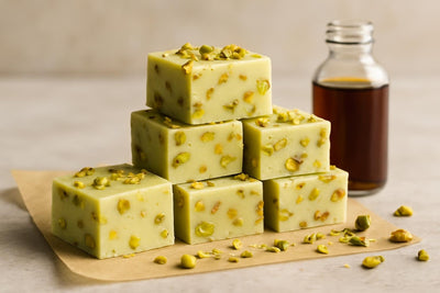 Squares of pistachio fudge on parchment