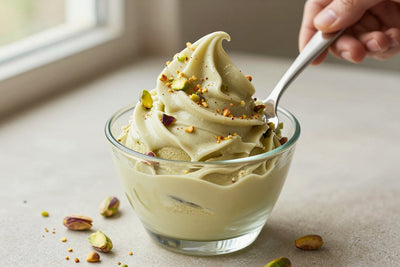 A generous swirl of pistachio gelato in a small glass cup with a flat gelato spade