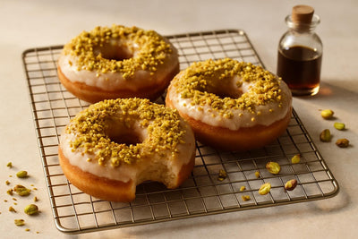 Doughnuts finished with pistachio praline crumbs on a cooling rack