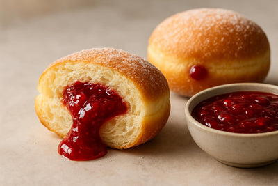 Filled doughnut cut open to show pomegranate jam filling