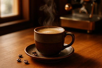 Pour-Over Coffee in a ceramic mug on an oak café counter