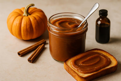 Jar of pumpkin butter spread with toast