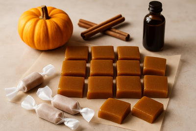 Pumpkin Spice Caramels cut and wrapped in wax paper