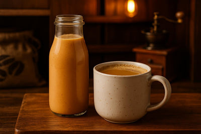 Pumpkin Spice Creamer in a ceramic mug on an oak bar