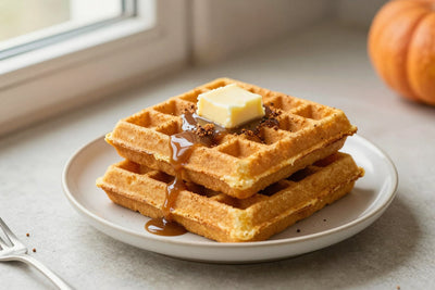 A stack of golden pumpkin spice waffles on a plate with a pat of butter and the toppings from the recipe