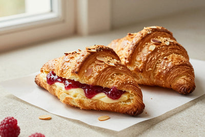 Golden, flaky raspberry almond croissants on parchment, one torn open to show the honeycomb layers