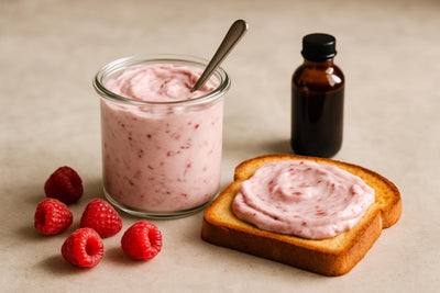 Jar of raspberry cream cheese spread with toast