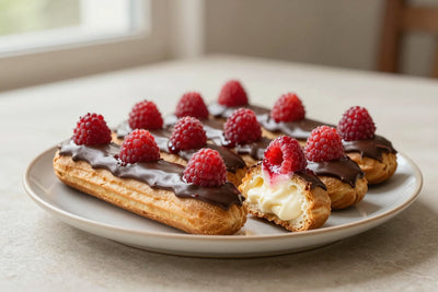 A row of raspberry éclairs on a plate, glossy topping, one cut to show the creamy filling