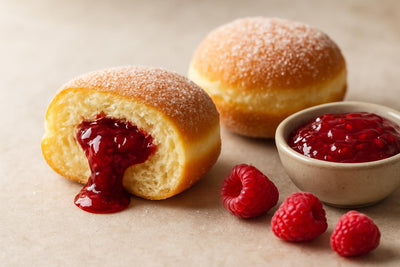 Filled doughnut cut open to show raspberry jam filling