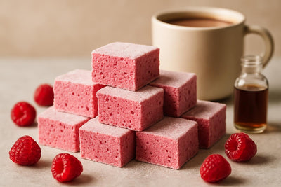 Squares of homemade raspberry marshmallows
