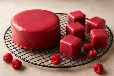 Cake coated in glossy raspberry shiny icing