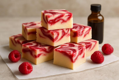 Squares of raspberry swirl fudge on parchment