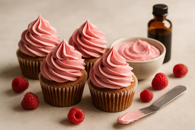 Cupcakes piped with raspberry Swiss meringue buttercream frosting