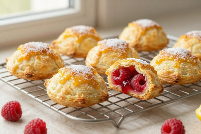 Golden raspberry turnovers on a wire rack, one cut open to show the filling