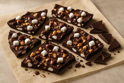 Shards of rocky road bark on parchment