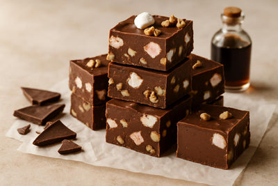 Squares of rocky road fudge on parchment