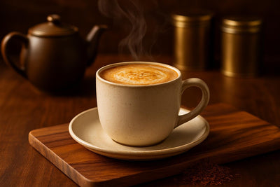 Rooibos Latte in a ceramic mug on an oak serving board