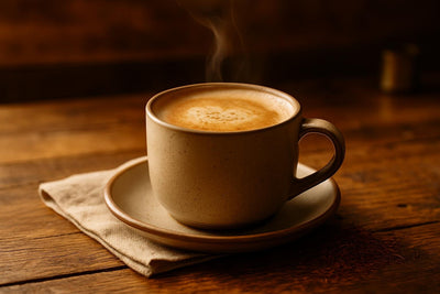 Rooibos in a ceramic mug on an oak table