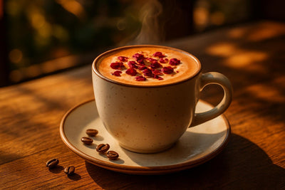 Rose Latte in a ceramic mug on an oak patio table