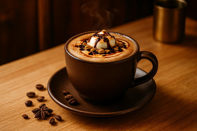 S'mores Mocha in a ceramic mug on an oak kitchen island