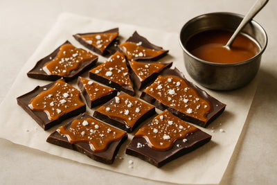 Shards of salted caramel bark on parchment