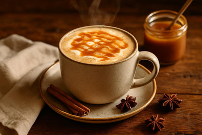 Salted Caramel Chai in a ceramic mug on an oak table