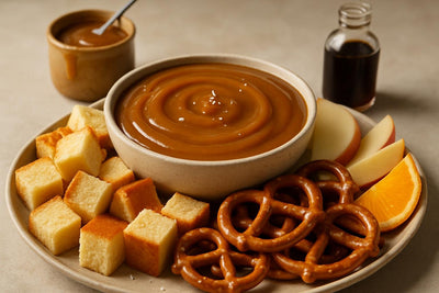 Bowl of salted caramel dip with brioche, pretzels and fruit