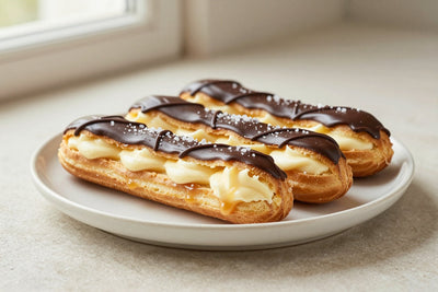 A row of salted caramel éclairs on a plate, glossy topping, one cut to show the creamy filling