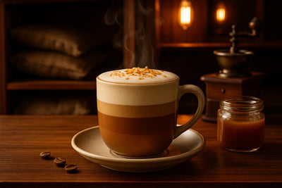 Salted Caramel Latte in a ceramic mug on an oak bar