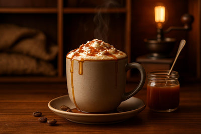 Salted Caramel Mocha in a ceramic mug on an oak bar