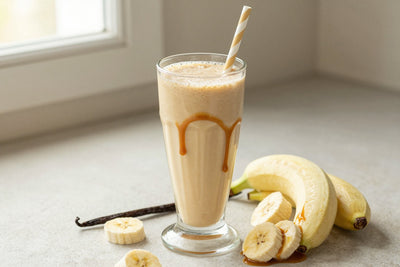 A tall glass of thick, creamy salted caramel protein shake with a straw, a few of its fresh ingredients beside it