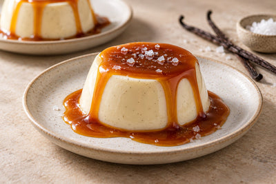 Salted Caramel Vanilla Panna Cotta, unmolded on a plate with vanilla beans