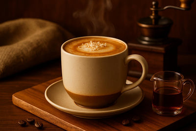 Salted Maple Latte in a ceramic mug on an oak serving board