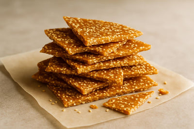 Shards of sesame brittle on parchment
