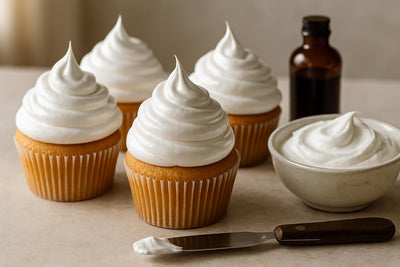 Cupcakes piped with seven-minute frosting
