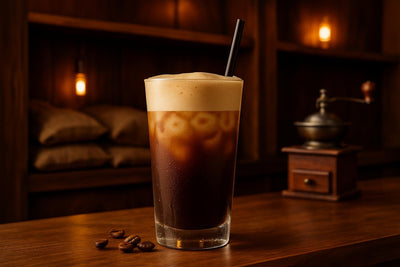 Shakerato in a glass on an oak bar
