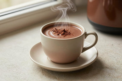 A steaming mug of slow-cooker hot chocolate on a saucer, rich and glossy, with its toppings