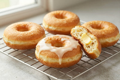 Fresh sourdough-yeast doughnuts on a wire cooling rack, one broken open to show the tender inside