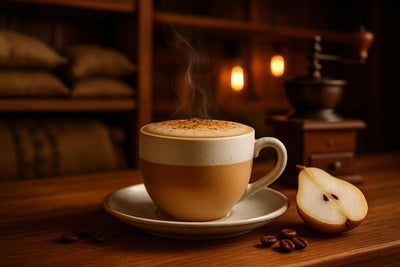 Spiced Pear Latte in a ceramic mug on an oak bar