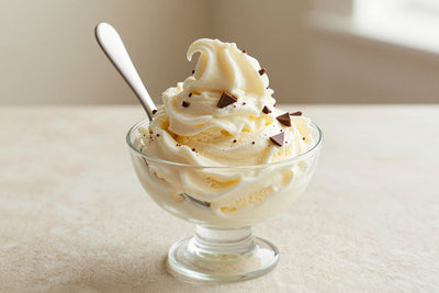 A generous swirl of stracciatella gelato in a small glass cup with a flat gelato spade