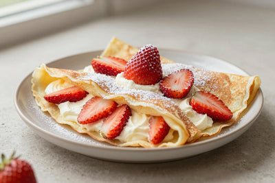 Folded strawberries & cream crêpes on a plate, the filling and toppings from the recipe clearly visible