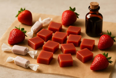 Strawberry Caramels cut and wrapped in wax paper