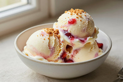 Two generous scoops of strawberry cheesecake ice cream in a shallow ceramic bowl, softly melting at the edges