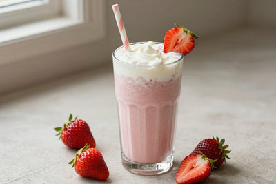 A tall glass of thick, creamy strawberry cheesecake protein shake with a straw, a few of its fresh ingredients beside it