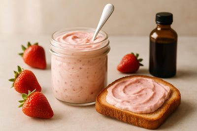 Jar of strawberry cream cheese spread with toast