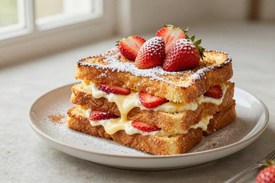 A stack of thick golden slices of strawberry cream cheese stuffed french toast on a plate, dusted with powdered sugar