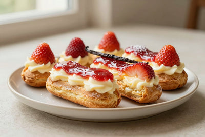 A row of strawberry éclairs on a plate, glossy topping, one cut to show the creamy filling